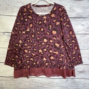 LOGO‎ Lori Goldstein Tunic L Cotton Modal Animal Print Purple Ruffles Soft Comfy